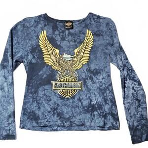 Harley Davidson Women Lg Long Sleeve Blue Tie Dye Shirt Snake River H-D Graphic